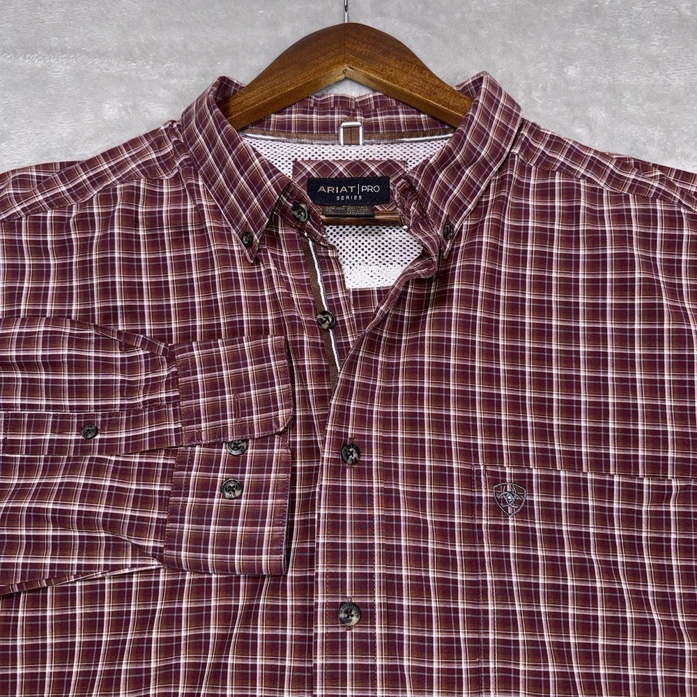 Ariat Pro SeriesShirt Men 2XL Maroon White Plaid Long Sleeve Button Down Western